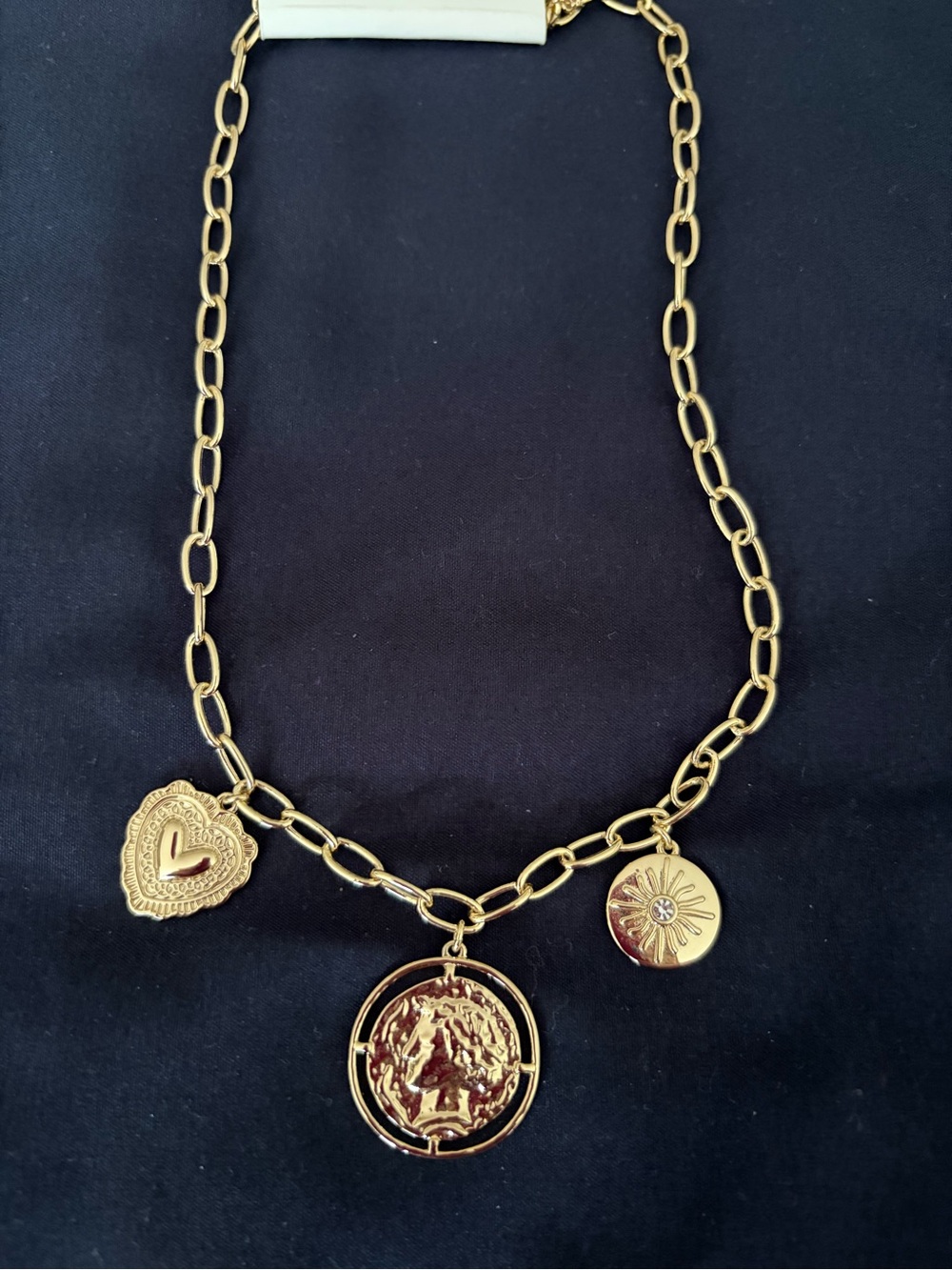 J. Crew Gold Charm Necklace with Heart, Coin & Sun Medallions